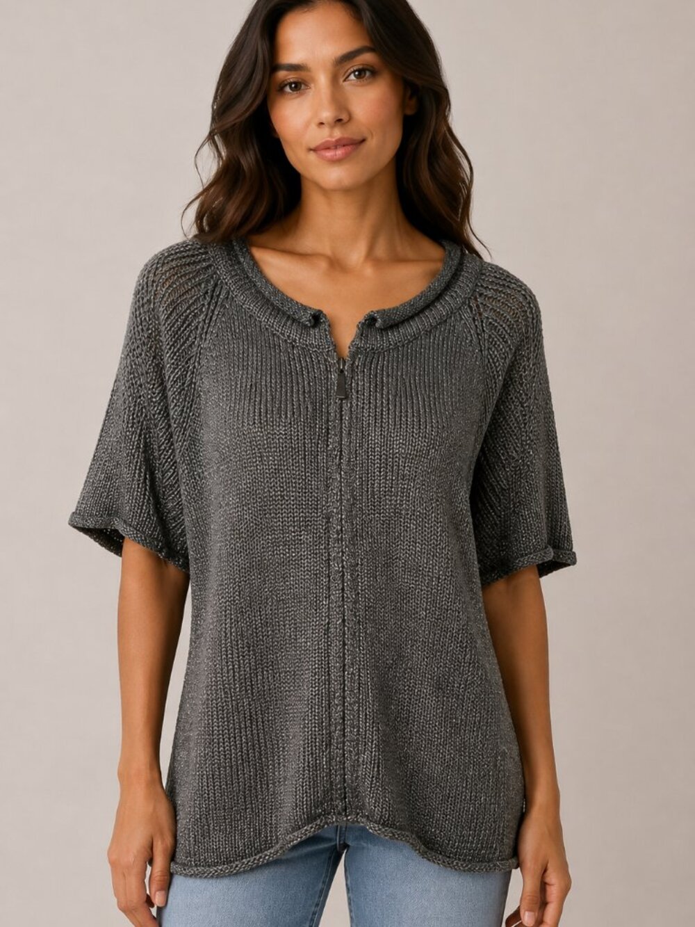 Chico’s Size 3 Metallic Knit Short Sleeve Zip Neck Sweater Top